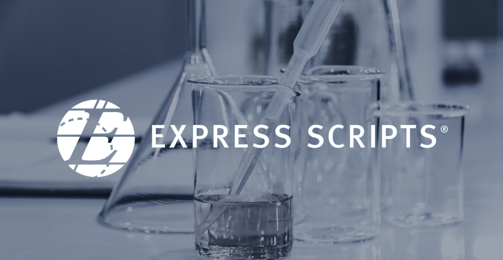 Stock image of various sized beakers on a laboratory counter, with the front-most beaker being a quarter filled with a liquid and a long pipette taking in liquid, and the Express Scripts logo overtop the image